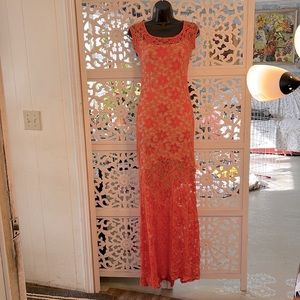 Rubber Ducky, stunning orange with nude lace Dress. Size medium